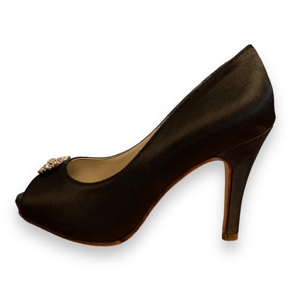 Black satin peep toe heels with rhinestone ornaments size 5.5M - Picture 3 of 13